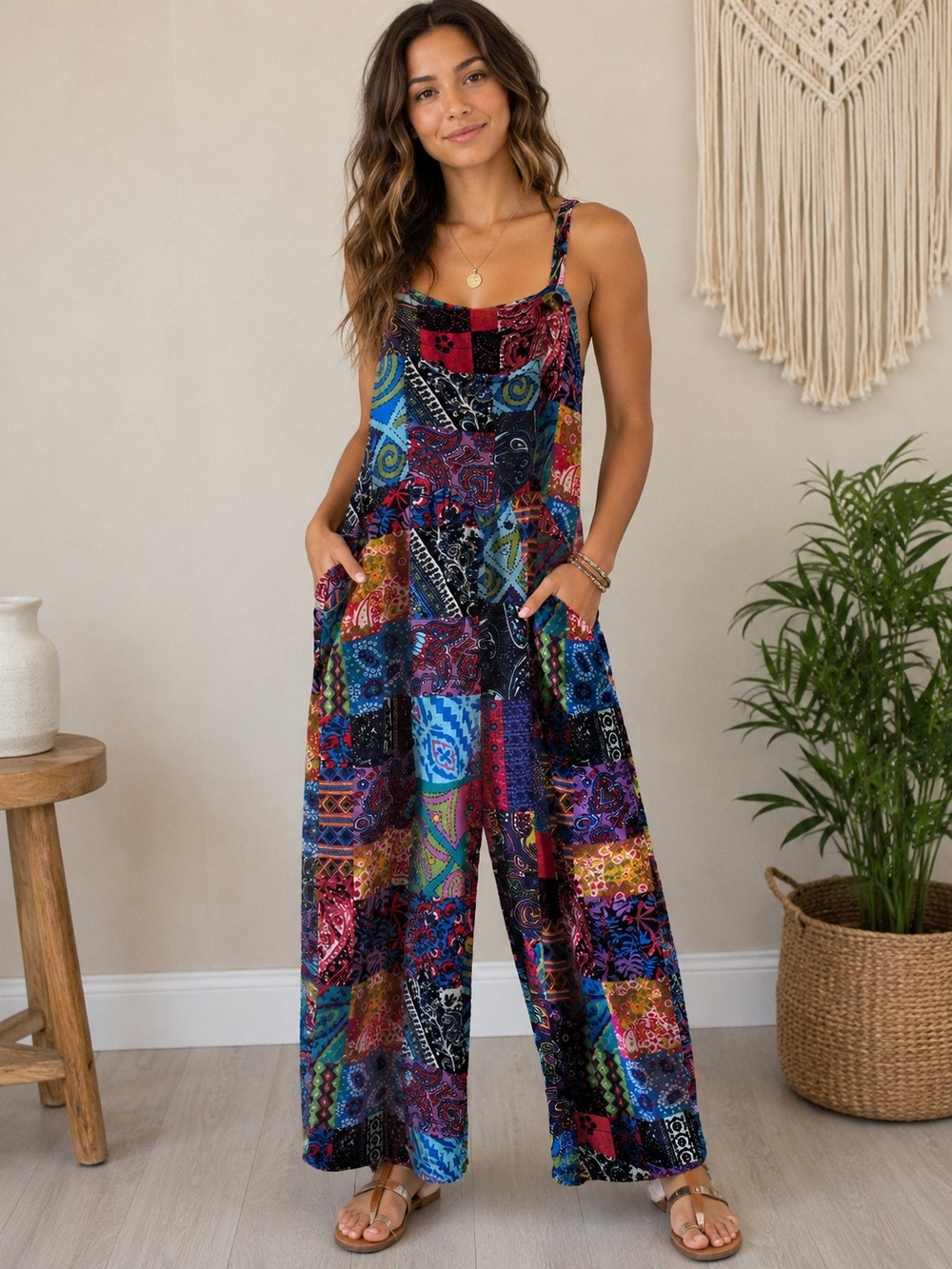 Boho Multi-Color Patchwork Wide-Leg Jumpsuit